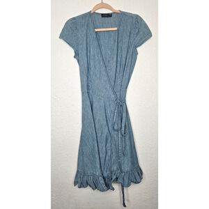 Polo Ralph Lauren Womens Midi Wrap Dress 2 Blue Chambray Tie Back Ruffle Hem